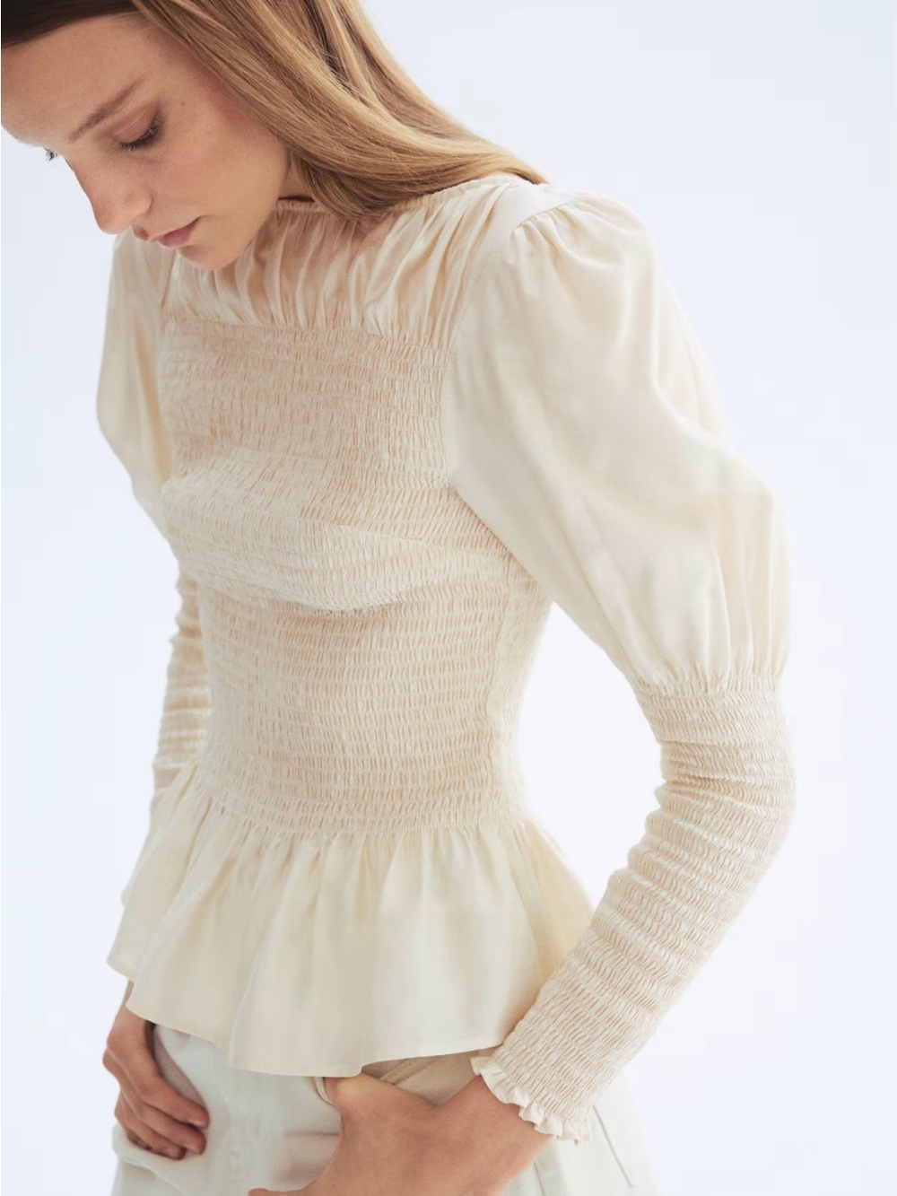 H&M Cream Smocked Peplum Blouse with Puff Shoulders